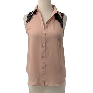 NWT Soprano Womens Sleeveless Button Down Blouse Pink/Black Lace Keyhole Back XS